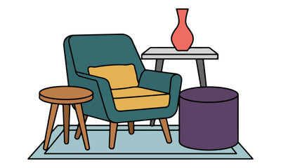 Armchair with Stool, Side Table, and Ottoman in Living Room Setup © Basecamp