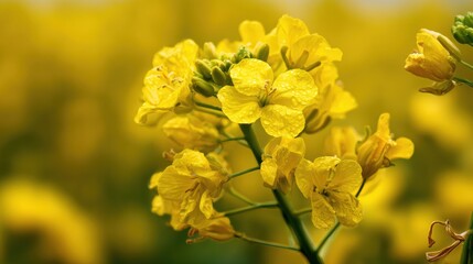 Canola flowers blooming with dew drops on a yellow field