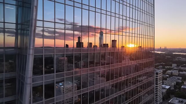 Glass Skyscraper Reflecting City at Sunset - A modern glass skyscraper reflects the city skyline during a vibrant sunset.