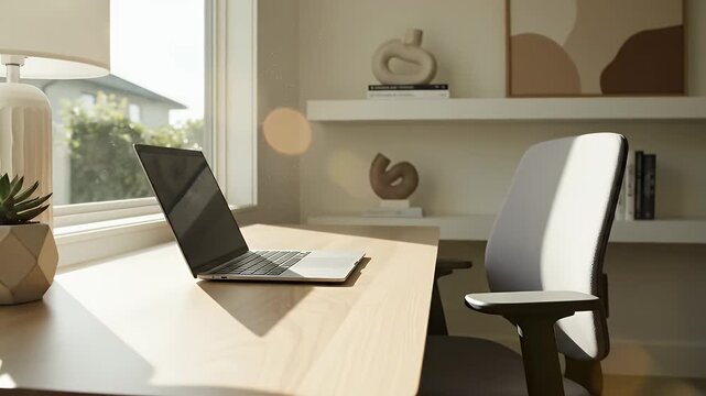 Bright Modern Home Office Setup - A modern home office setup featuring a laptop on a wooden desk next to a window with natural light.