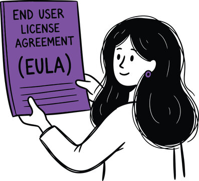 Smiling woman character holding a purple document titled 'End User License Agreement (EULA)', representing legal terms, software rights, and user contract concepts.