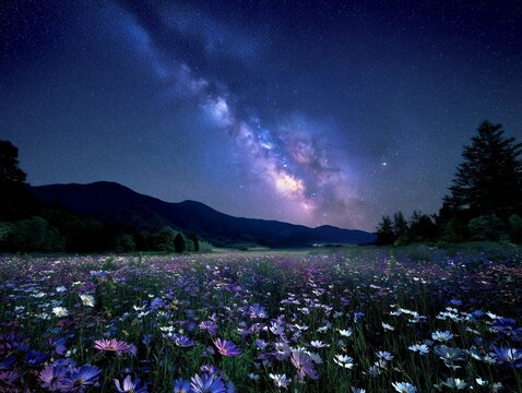 Milky Way over blooming cosmos flower field and mountain night landscape