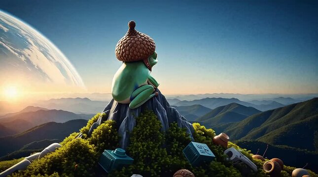 Whimsical green frog sitting on mossy rock surrounded by technology pieces under rising sun and planet view