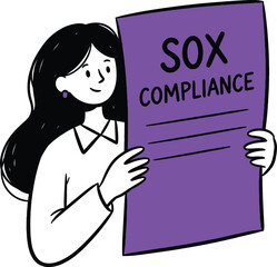 Woman holding a purple document labeled "SOX COMPLIANCE", representing Sarbanes-Oxley Act regulations for corporate governance and financial reporting.