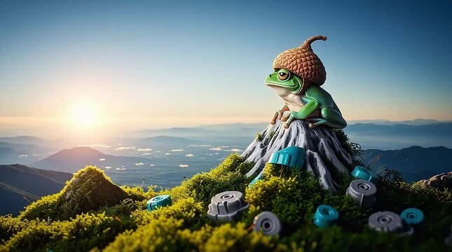 Small green frog figurine wearing acorn hat sitting on top of mossy rock with film reels nearby