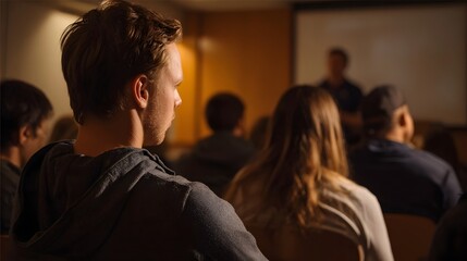 Obraz premium Young man in a hoodie observes a lecture in a dimly lit room with a projected screen
