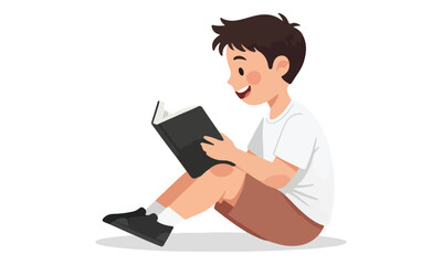 Smiling Little Boy Sitting on Floor Reading a Book Illustration