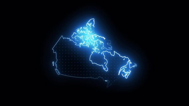 Canada Map Neon Blue Light Animation. Digital Technology Cyber Style, with Transparent Alpha Channel, 4K Loop Video.