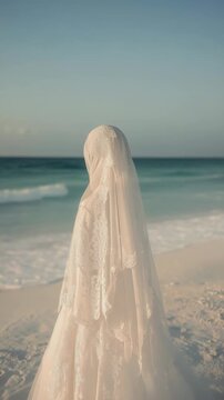 A veiled bride stands elegantly on a serene sandy beach. She gazes peacefully at the tranquil turquoise ocean waves.