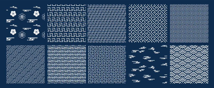 Japanese pattern set, blue geometric background, wallpaper
