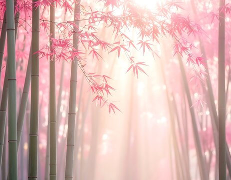 A serene forest scene with pink leaves and tall bamboo stalks