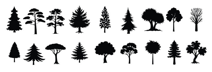 set features black silhouette outlines of various trees
