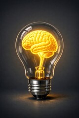 Glowing brain inside light bulb symbolizing idea and intelligence on dark background