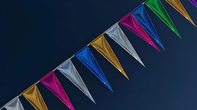 Colorful triangular bunting flags on a string against a dark blue background for festive celebration and decoration purposes.