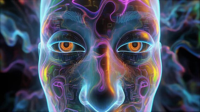 A futuristic face with neon-lit circuitry and glowing orange eyes, a digital art representation of technology and human fusion.