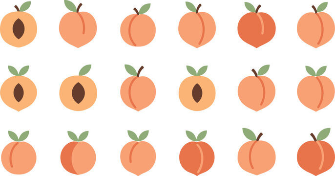 Peach fruit icon set flat vector collection of fresh ripe peaches whole and sliced isolated on light background