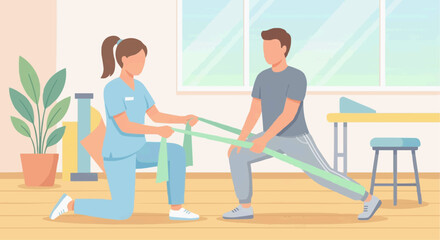 Fototapeta premium Modern flat vector physiotherapist helping patient with rehabilitation exercise.