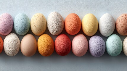 Obraz premium Colorful pastel Easter eggs spread on the white background