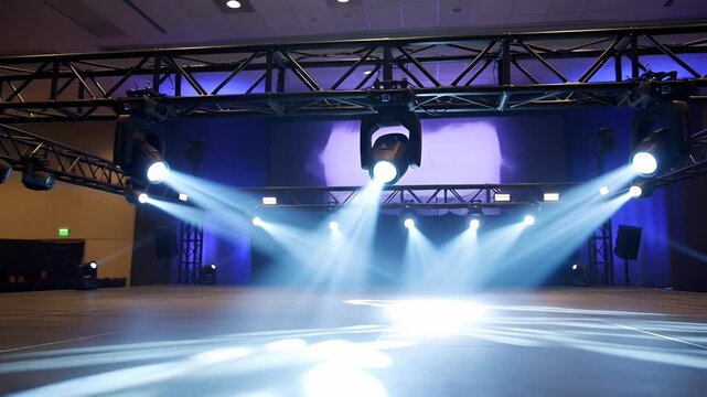 Stage lighting setup with multiple spotlights and truss system