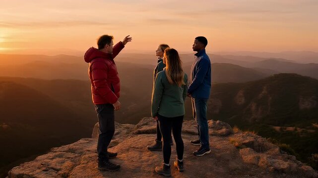 Group of friends enjoying scenic sunset mountain views while hiking together