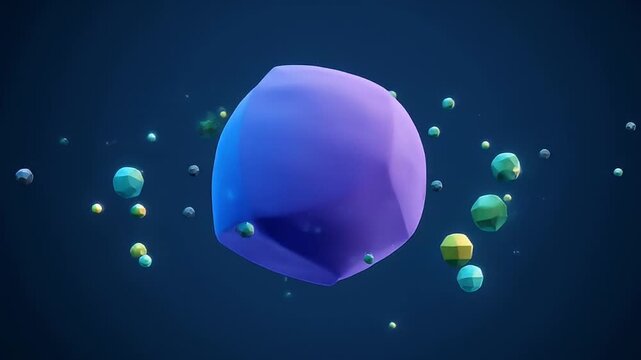 Abstract image of a purple object surrounded by lowpoly spheres and dark background