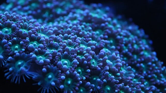 Close-up shot of vibrant blue and green coral polyps, marine life underwater.