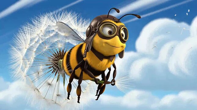 Happy cartoon bumble bee flying through the clouds with dandelion parachute wearing aviator goggles and helmet.