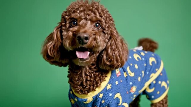 Brown poodle dog in blue pajamas with moon and star pattern on green studio background.