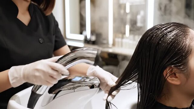 Hairdresser Applying Treatment to Clients Hair in Salon.