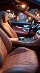 Fototapeta premium Luxurious quilted leather seating illuminates within a modern automobile cabin at night