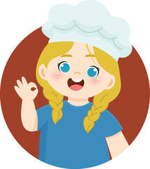 Cheerful little girl with blonde pigtails and a chef's hat, making an 'OK' sign, ready for a fun cooking adventure