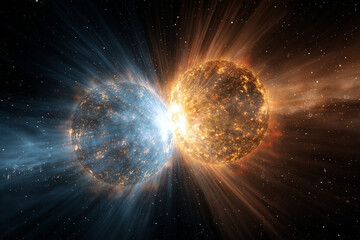 Obraz premium Epische Kollision zweier Planeten im Weltraum – kosmische Explosion mit blau-goldenem Licht