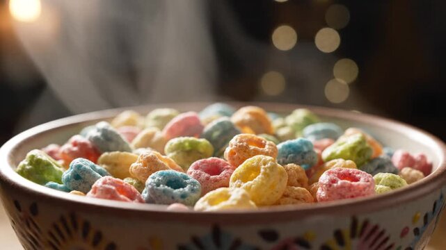 Colorful sugary breakfast cereal in a decorative bowl with subtle steam and warm bokeh lights