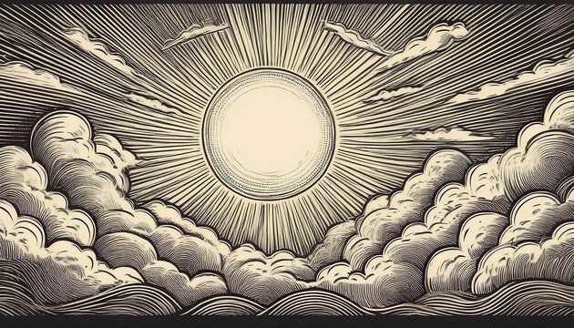sun and clouds in sky engraving