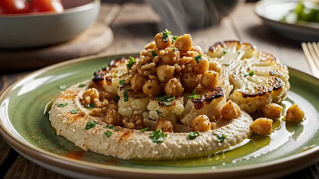 Roasted Cauliflower Steaks with Hummus and Chickpeas - This video shows two roasted cauliflower steaks served with creamy hummus and topped with crispy chickpeas on a green plate.