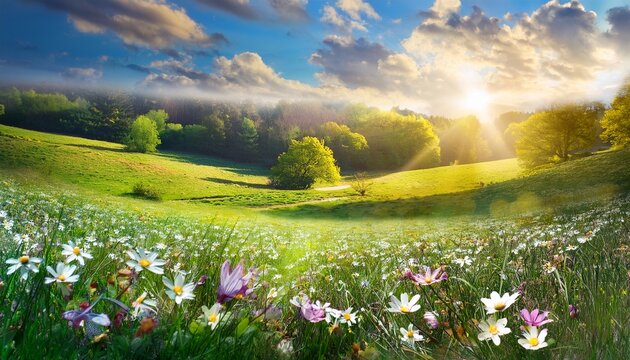 reawakening of nature spring meadow adorned with delicate blossoms of flora stirring of fauna from their slumber and invigorating aura of rejuvenation and vivacity that accompanies this bountiful s