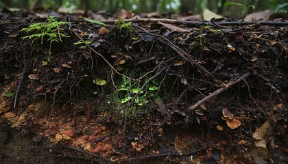 Obraz premium Small green plants growing from a layer of soil and decaying leaves.