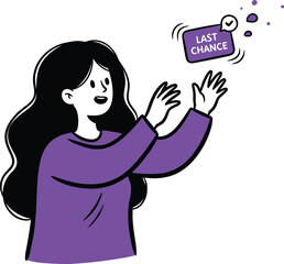 Woman Reaching for 'Last Chance' Notification with Checkmark Illustration for Urgency