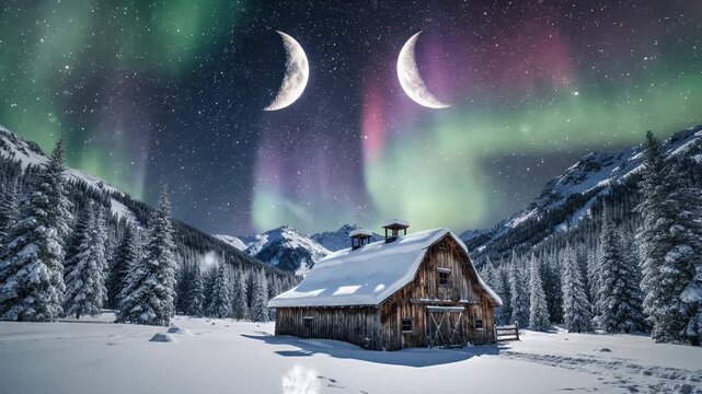 Winter Barn Under Aurora Borealis - A rustic wooden barn sits nestled in a snowy mountain valley under the vibrant aurora borealis.
