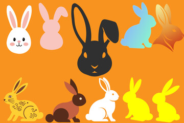 Easter bunny icons and silhouettes set, rabbit character collection, vector illustrations isolated