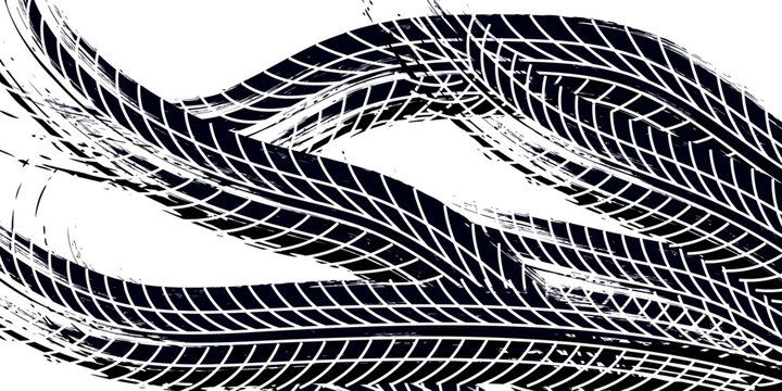 Tire tread marks, drift, motorsport, motocross, rally, tread mark with skid, grinding, splash effect. Graphic set of tire treads, wheel texture, car racing. Vector collection, wheel treads on asphalt