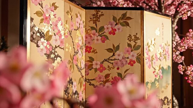 Delicate pink cherry blossoms framing a traditional golden Japanese screen art with sakura branches in spring