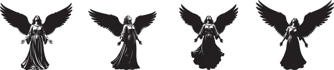 Fototapeta premium A silhouette of an angel with large feathered wings silhouette, multiple angels, standing various poses.