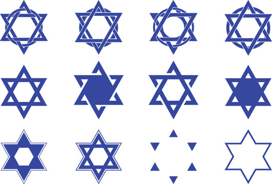 A clipart of blue color David Jewish star collection, different shapes, religious symbol  Vector art.