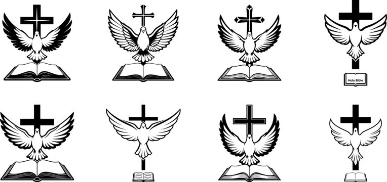 A silhouette of cross, dove and open bible Christian symbolism collection, multiple design, religious faith concept