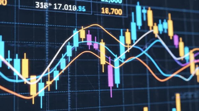 Digital financial chart with colorful candlestick patterns and overlaying trend lines on a grid