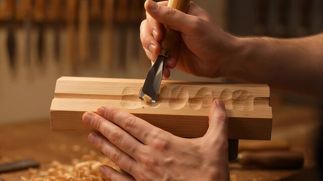 A Craftsman Carving Wood with a Gouge Tool, Creating Artistic Reliefs with Precision