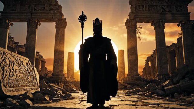 Majestic King Stands Amidst Ancient Ruins at Sunset.
