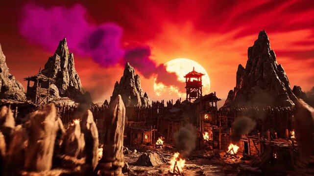Dramatic fantasy outpost with burning bonfires and smoke under a large red moon and jagged mountains