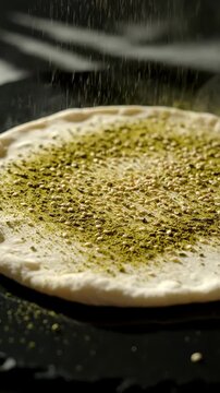 Raw dough is sprinkled with green za'atar spice. Sesame seeds and herbs cover the flatbread.